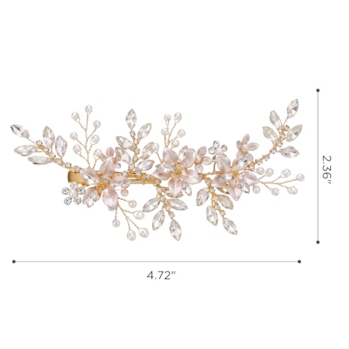 SWEETV Wedding Hair Clip for Brides Comb Bridal Hair Accessories Headpiece | Gold Handmade Flower Pearl Hair Comb Rhinestone Leaf Bridal Headpiece, Crystal Wedding Hair Pieces Brides Bridesmaids Women - color: Rose Gold