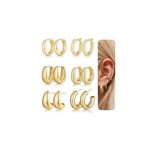 6 Pairs Gold Hoop Earrings Set for Women, 14K Gold Plated Lightweight Chunky Twisted Huggie Hoops, Hypoallergenic Small Thick Hoop Multipack Jewelry Gift - color: Chunky Gold