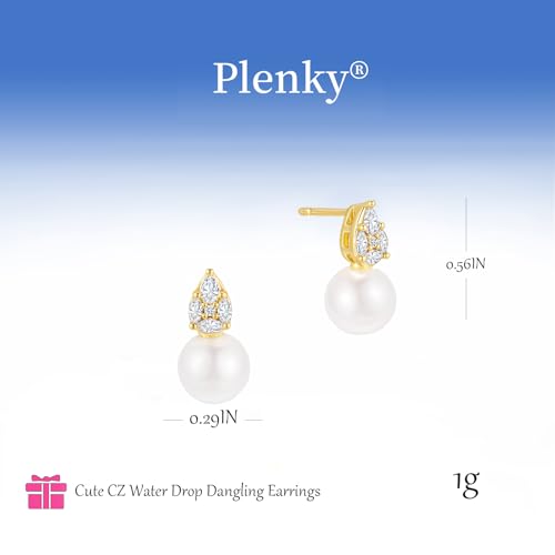 Plenky Pearl Earrings-14K Gold Plated Dainty Pearl Drop Simple Wedding CZ Dangle Dangling Cute Stud Earrings for Brides Earrings for Women Gifts - style: CZ Teardrop Pearl Earrings