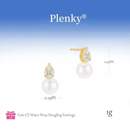 Plenky Pearl Earrings-14K Gold Plated Dainty Pearl Drop Simple Wedding CZ Dangle Dangling Cute Stud Earrings for Brides Earrings for Women Gifts - style: CZ Teardrop Pearl Earrings