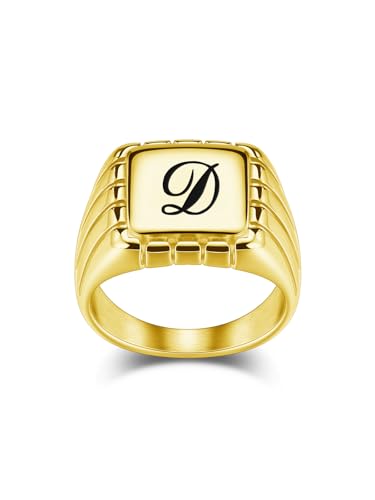 Zysta Personalized Signet Rings for Men Stainless Steel Engraved Ring Custom Initial Rings Mens Ring Customized Letter Memorial Gifts for Him Dad Father Husband Size 8-13 - color: Golden