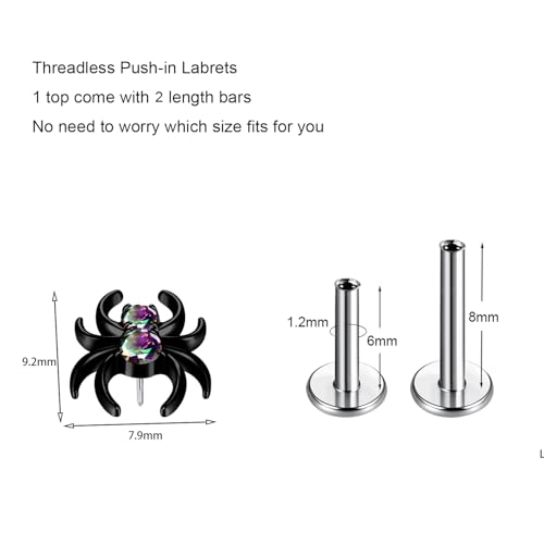 1pcs G23 Titanium Flat Back Earrings Studs 16g F136 Implant Grade Titanium Labrets Press Fit Threadless Push In Dainty Cartilage Helix Conch Lobe Lip Tragus Piercing Jewelry - style: 1pcs Black Spider