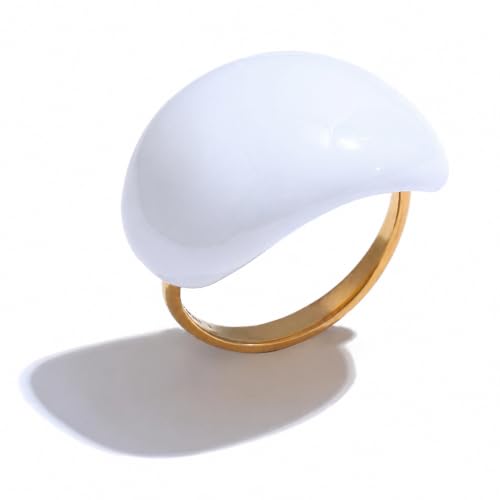 Mchic Chunky Rings for Women, Colorful Enamel Dome Statement Cocktail Ring | 18K Gold Plated Stainless Steel Adjustable Open Band, Puffy Bold Smooth Design for Thumb or Finger, Cute Fashion Jewelry Gift - color: White