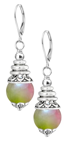 Natural 10mm Stone Beads Drop Earrings,Retro Silver Round Quartz Crystal Gemstone Beads Dangle Earrings for Women - color: A04_Tourmaline