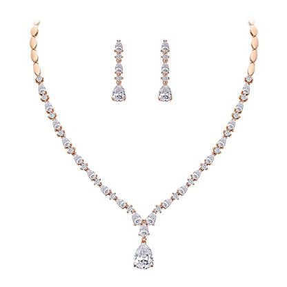 EVER FAITH Pear Shaped Cubic Zirconia Bridal Wedding Jewelry Set for Women | Gorgeous Water Drop Bride Necklace Dangle Earrings, for Bride Bridesmaid - color: Clear Rose Gold-Plated-Brass