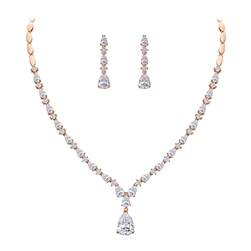 EVER FAITH Pear Shaped Cubic Zirconia Bridal Wedding Jewelry Set for Women | Gorgeous Water Drop Bride Necklace Dangle Earrings, for Bride Bridesmaid - color: Clear Rose Gold-Plated-Brass