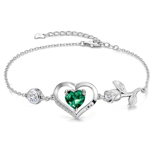 1CT Rose Heart Birthstone Bracelet for Women Love Gift - style: 05-May Emerald Silver