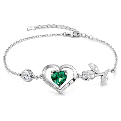 1CT Rose Heart Birthstone Bracelet for Women Love Gift - style: 05-May Emerald Silver