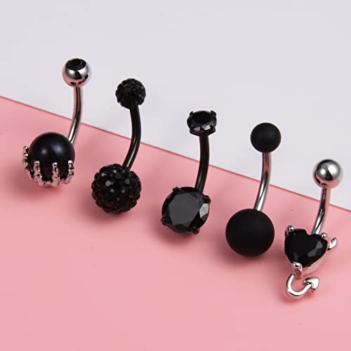 Belly Button Rings Stainless Steel 14G CZ Opal Navel Rings Barbells Women Girls Belly Piercing Jewelry - color: Black Color-Style F: 5 PCS
