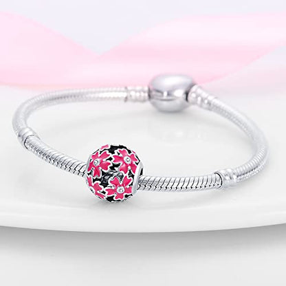 Pandach 925 Sterling Silver Charms Beads for Bracelets and Necklaces Butterfly and Headphones Pendants Clover Charms Jewelry Gift for Women - style: Pink Cherry Blossom Round Charm