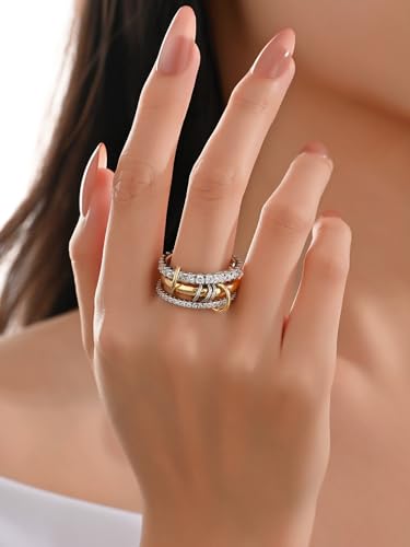 HERSIN Stackable Interlocked Rings for Women Non Tarnish, 18K Gold Plated Green Cubiz Zirconia Ring Chunky Rings Mixed Metal Multi Ring Dainty Stacking Rings Set Jewelry for Women Gifts