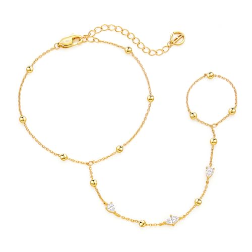 Cicy Bell Hand Chain Bracelets for Women 18K Gold Plated | Layered Stackable Dainty Ring Bracelets, Adjustable Satellite Bead Dot Link Finger Bracelets - color: Style E-Gold