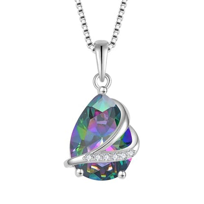 Birthstone Pendant Necklace 925 Sterling Silver Teardrop Jewelry for Women - color: Multi Iridescent