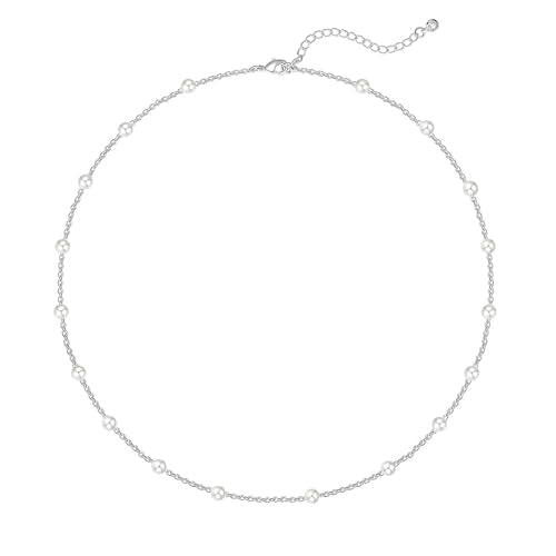 Zeffy Pearl Necklace 4MM/6MM/8MM Dainty Round Imitation Pearl Choker Necklace Wedding Pearl Necklace Delicate Jewelry for Women Simple Bridesmaid Jewelry Gifts - style: 4mm Silver Satellite Pearl Necklace(14"+2")