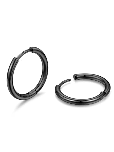 PROSTEEHoop Earrings for Men Women Stainless Steel Silver/Black/14K Gold | Waterproof & Lightweight Sleeper Small Huggie Earring Hypoallergenic Post Cartilage Piercing Jewelry for Mens Dad Gift Box - color: A. Round-Black, size: 14mm