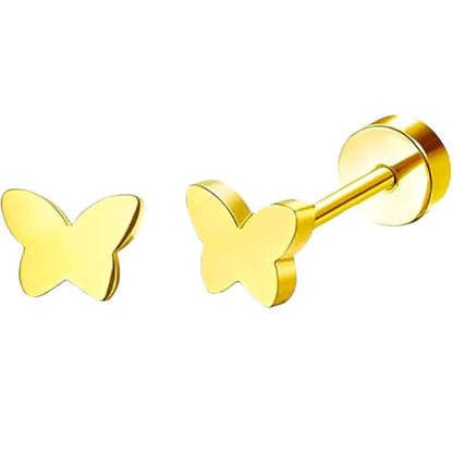 Stainless Steel Stud Earring 1 Pair Gold Flatback Earrings Hypoallergenic Screwback Jewellery Flat Back Helix Jewelry for Sensitive Ears Women Ladies Aretes De Mujer - style: Butterfly