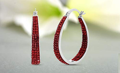 Devin Rose Oval Inside Outside Hoop Earrings for Women Faceted Sparkle Crystals - color: Red