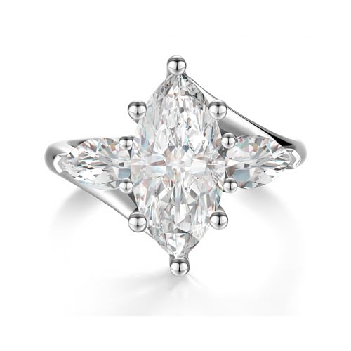 4CT 3 Stone Moissanite Engagement Ring for Women, Marquise Cut D Color VVS1, 925 Sterling Silver with 18K White Gold Plated, Anniversary Promise Ring for Her, Wedding Ring with Gift Box - color: White