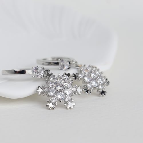 Sonateomber Gold Silver Small Hoop Dangle Earrings for Women, Trendy Dainty Rhinestone CZ Dangling Prom Wedding Leaf Flower Snowflake Butterfly Starfish Fashion Jewelry Gift - color: Silver Snowflake White