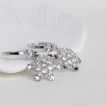 Sonateomber Gold Silver Small Hoop Dangle Earrings for Women, Trendy Dainty Rhinestone CZ Dangling Prom Wedding Leaf Flower Snowflake Butterfly Starfish Fashion Jewelry Gift - color: Silver Snowflake White