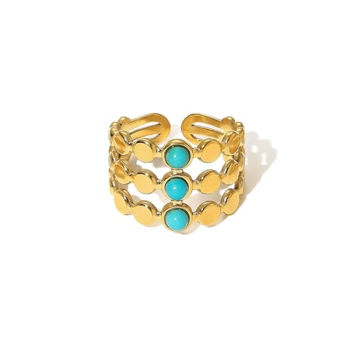 Todenb Turquoise Ring for Women，Gold Western Turquoise Open Ring Boho Stainless Steel Moon and Star Band Wrap Knuckle Rings Western Country Fashion Jewelry Accessories - color: three circle