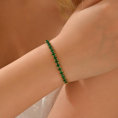 18K Gold Plated Tennis Bracelets for Women, Adjustable Cubic Zirconia Bracelet with Multi-color 4mm CZ Diamond Paperclip Chain, Dainty Trendy Birthday Bridal Jewelry Gifts for Women Daily Party Wear - color: Green