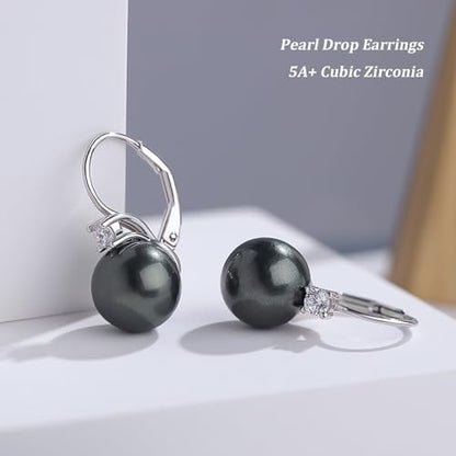 925 Sterling Silver Pearl Leverback Earrings for Women Cubic Zirconia Pearl Jewelry 10MM - color: A: Leverback-Black