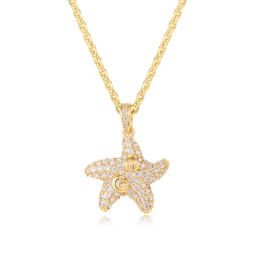 MTMY Gold Starfish Necklace 14K Gold Plated Shell Conch Ocean Pendant Necklace for Women Beach Summer Jewelry - style: cz wave starfish