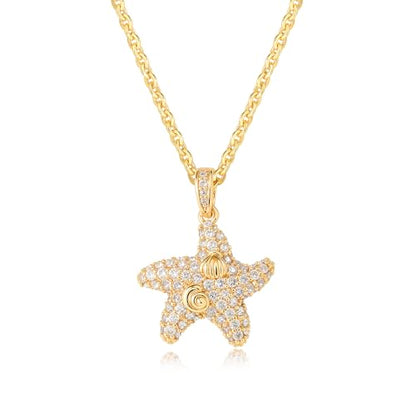 MTMY Gold Starfish Necklace 14K Gold Plated Shell Conch Ocean Pendant Necklace for Women Beach Summer Jewelry - style: cz wave starfish