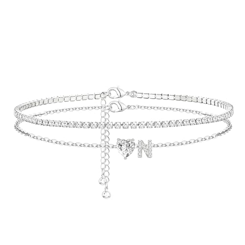 Heart Initial Silver Anklets for Women Waterproof Dainty Silver Plated ankle bracelets for women Large Ankle Women's Anklets Tennis ankle bracelets Non Tarnish Summer Beach Foot Jewelry - style: Silver-N