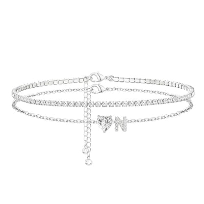 Heart Initial Silver Anklets for Women Waterproof Dainty Silver Plated ankle bracelets for women Large Ankle Women's Anklets Tennis ankle bracelets Non Tarnish Summer Beach Foot Jewelry - style: Silver-N