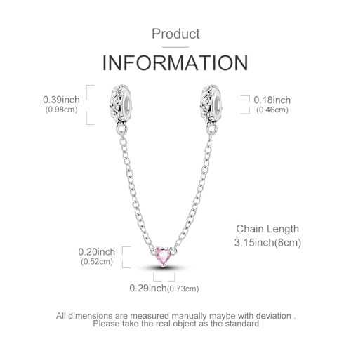 Hapour 925 Sterling Silver Safety Chain Charm for Bracelet Pendant Beads | Dragonfly Dangle Charm, Seashell Starfish Heart Clip Stopper Spacer Beads Jewelry - color: Pink Heart