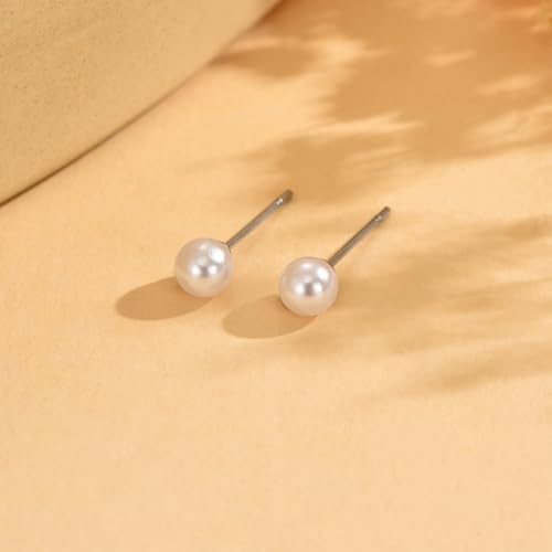Pearl Stud Earrings for Women Gold/Silver Plated 3mm 4mm 5mm 6mm 8mm Pearl Earrings Dainty Hypoallergenic Earrings - color: White Gold, size: 5 Millimeters
