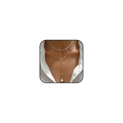 Gold Lariat Necklace for Women Layered Pearl Lariat Necklace Sun Y-shaped Dangle Dainty Long Beaded Cz Chain Drop Minimalist Lasso Jewelry Accessories