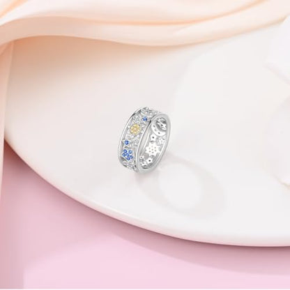 KUNSIR 925 Silver Cubic Zirconia Ring Size 7-9 Wedding Band Sterling Silver Eternity Ring Modern Style - style: Wide Band Star and Moon Ring