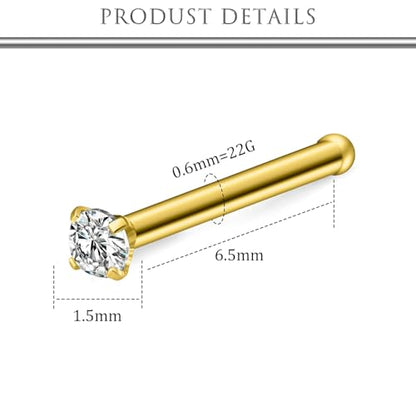 Hoeudjo Nose Studs Surgical Steel Cubic Zirconia Nose Rings Kit for Women Men Tiny Nose Stud Bone & Screw & L Shaped Nostril Piercing Jewelry 24/22/20/18 Gauge 10 Pieces - color: gold-tone,nose bone studs, size: 22g/1.5mm clear CZ