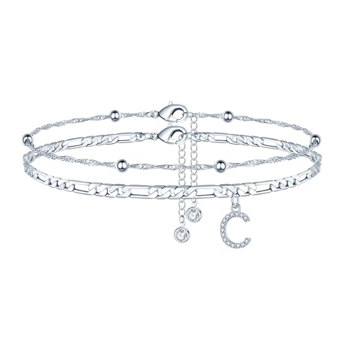 Ankle Bracelets for Women, 14K Gold Plated Dainty Layered Chain CZ Initial Anklets Summer Jewelry Gifts for Women - style: C-Silver