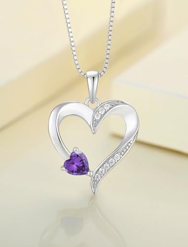 YL Heart Necklace 925 Sterling Silver Love Heart Pendant Birthstone Jewelry for Women - color: 02-amethyst-Feb