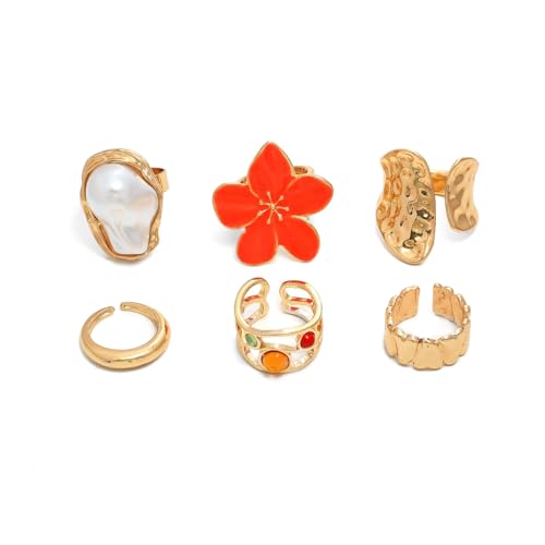 Chunky Gold Rings for Women Non Tarnish 6 PCS Vintage Stackable Flower Baroque Pearl Rhinestone Rings set Adjustable Trendy Statement Jewelry - color: Orange flower