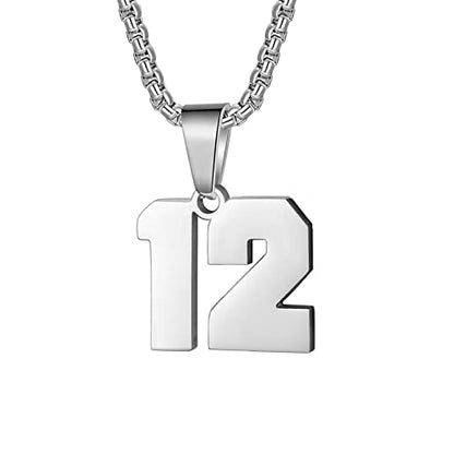Susook Number Necklace for Boy Black Athletes Number Stainless Steel Chain 00-99 Number Charm Pendant Personalized Sports Jewelry for Men Basketball Baseball Football - color: Silver, style: 12