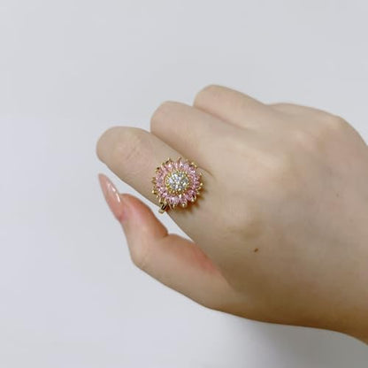 Sunflower Fidget Ring for Women Gold Anxiety Crystal Rings Cubic Zirconia Sunflower Open Adjustable Fidget Ring Spinner Sun Ring for Men Trendy Jewelry - color: fense