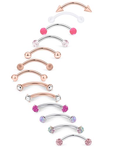 16g 8/10mm Silver/Black/Rose-Gold/Rainbow Eyebrow Piercing Jewelry Rings Curved Barbell Vertical Labret Lip Surgical Steel Small Belly Button Snake Eyes Tongue Rook Earrings for Women Men - color: Rose Gold / Pink, size: 16g*8mm*3mm