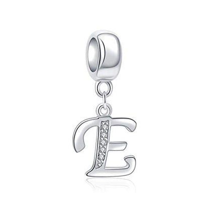 925 Sterling Silver Charms Alphabet Beads fit Pandora Charm Bracelets A-Z Letter Initial Spacer Dangle Clear CZ Stone Authentic for Snake Chain Bracelets - color: E