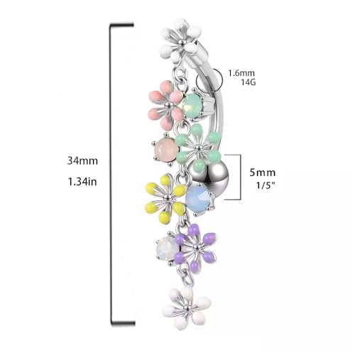 Colorful Daisy Flower Belly Button Ring 316L Surgical Stainless Steel CZ Cute Enamel Flowers Dangle Navel Belly Rings Dainty Body Piercing Jewelry Gifts for Women 14G - color: Silver