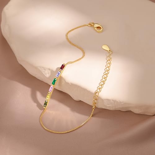 Sterling Silver Personalized 1-6 Birthstone Bracelet for Women Mothers Day Bracelet for Mom Daughter Custom Dainty Jewelry for Christmas Birthday Gift Ideas - style: Gold-6 stones