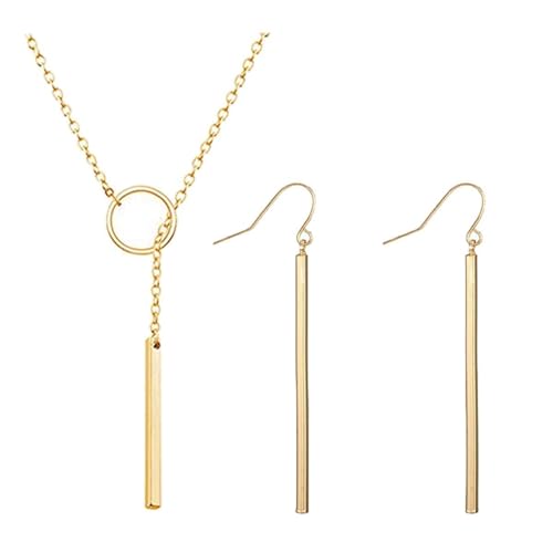 Dcfywl731 Minimal Dainty Gold Plated Dangle Earrings Layered Bar Pendant Neckalce Gold Long Y-Necklace Gold Earrings and Necklaces Set Delicate Lariat Chain Jewelry for Women - color: C2: gold jewelry set