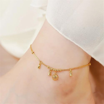 14K Gold Bell Adjustable Anklet Bracelets for Women Trendy, Dainty Round Charm Ankle Bracelet Chain, Fashion Waterproof Summer Foot Jewelry, Anniversary Birthday Valentine's Day Gifts.