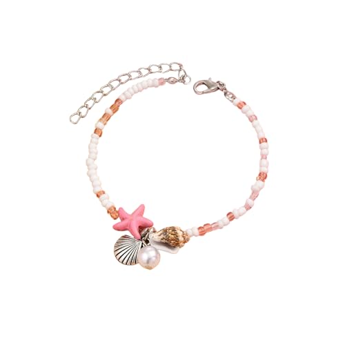 Beach Puka Shell Anklet for Women Waterproof Beaded Ankle Bracelets Adjustable Starfish Seashell Pearl Foot Chain Boho Jewerly Present for Summer Beach Party - color: fense