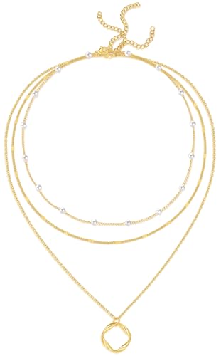Evabelle Gold Layered Necklace for Women Trendy Jewelry 14K Real Gold Plated Chunky Chain Stackable Necklaces Dainty Choker Necklaces Rectangle Square Pendant - color: Gold Necklace 04