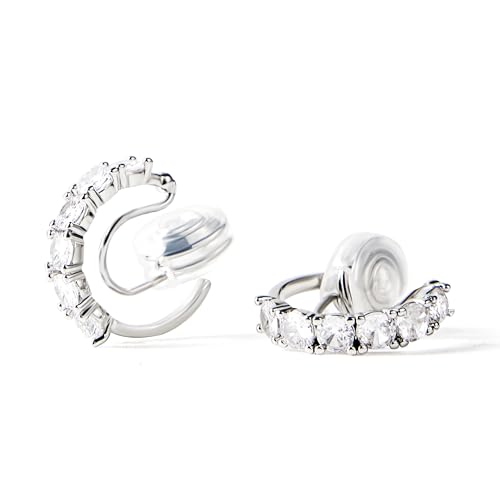 Clip-On Hoop Earrings for Women – White Gold Plated Non-Pierced Earrings with Cubic Zirconia – Adjustable Fake Piercing Earrings
